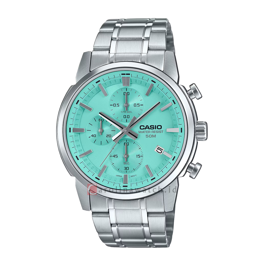 Jam Tangan Casio Standard MTP-E510D-2A Men Turquoise Dial Stainless Steel Band