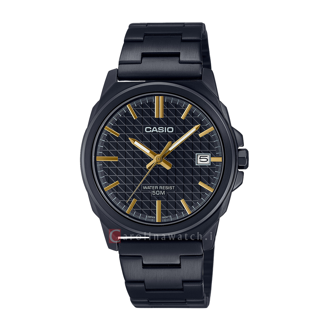 Jam Tangan Casio General MTP-E720B-1A Men Black Pattern Dial Black Stainless Steel Band