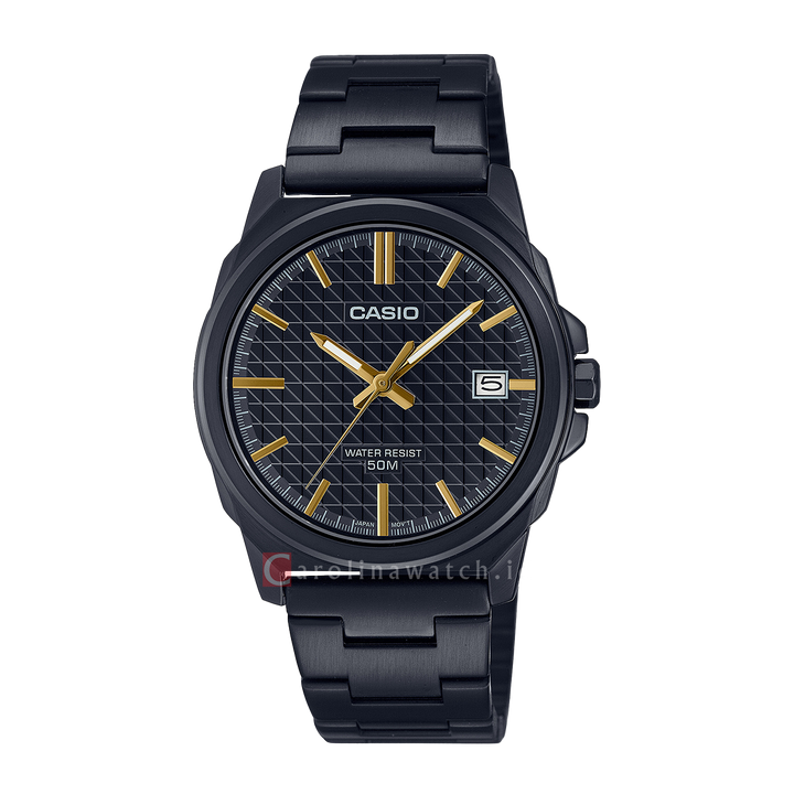 Jam Tangan Casio General MTP-E720B-1A Men Black Pattern Dial Black Stainless Steel Band