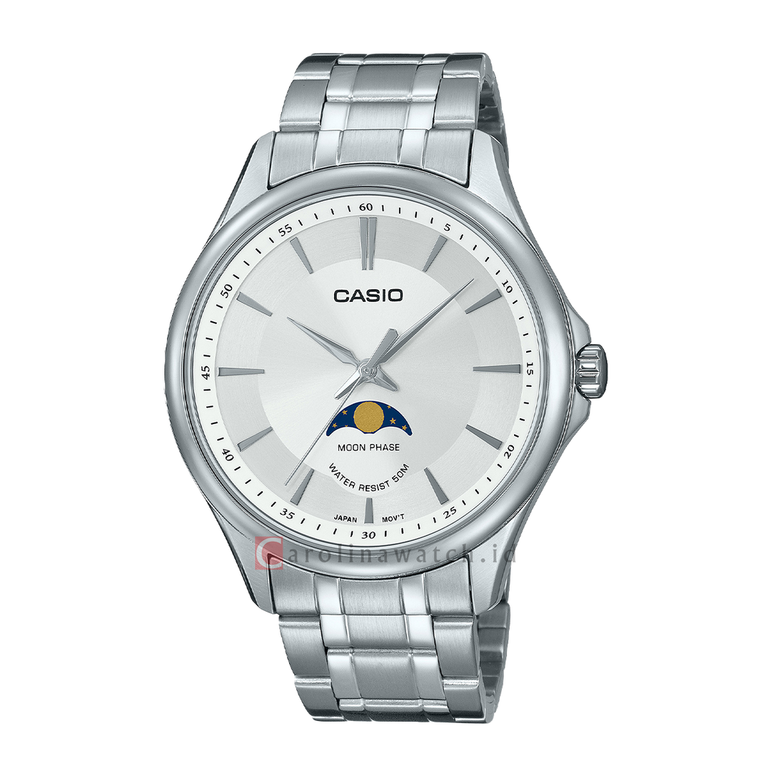 Jam Tangan Casio General MTP-M100D-7A Men Moon Phase Silver Dial Stainless Steel Band