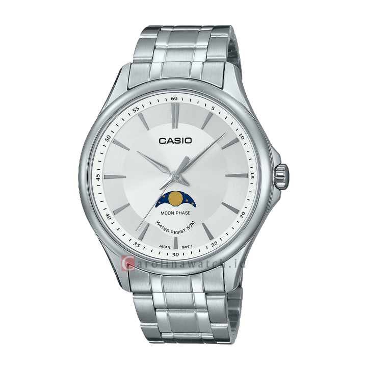 Jam Tangan Casio General MTP-M100D-7A Men Moon Phase Silver Dial Stainless Steel Band