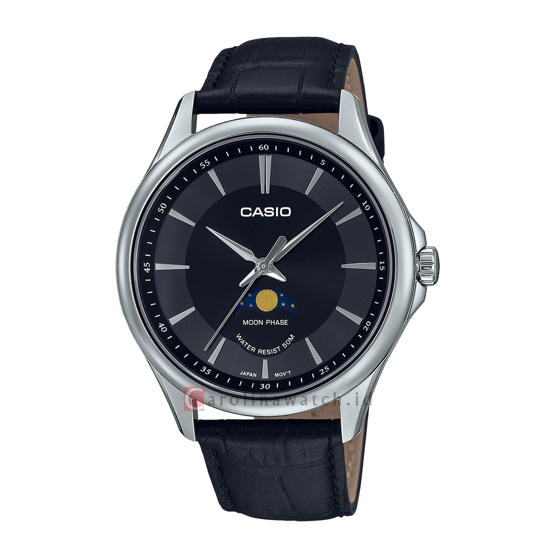 Jam Tangan Casio General MTP-M100L-1A Men Moon Phase Black Dial Black Leather Band