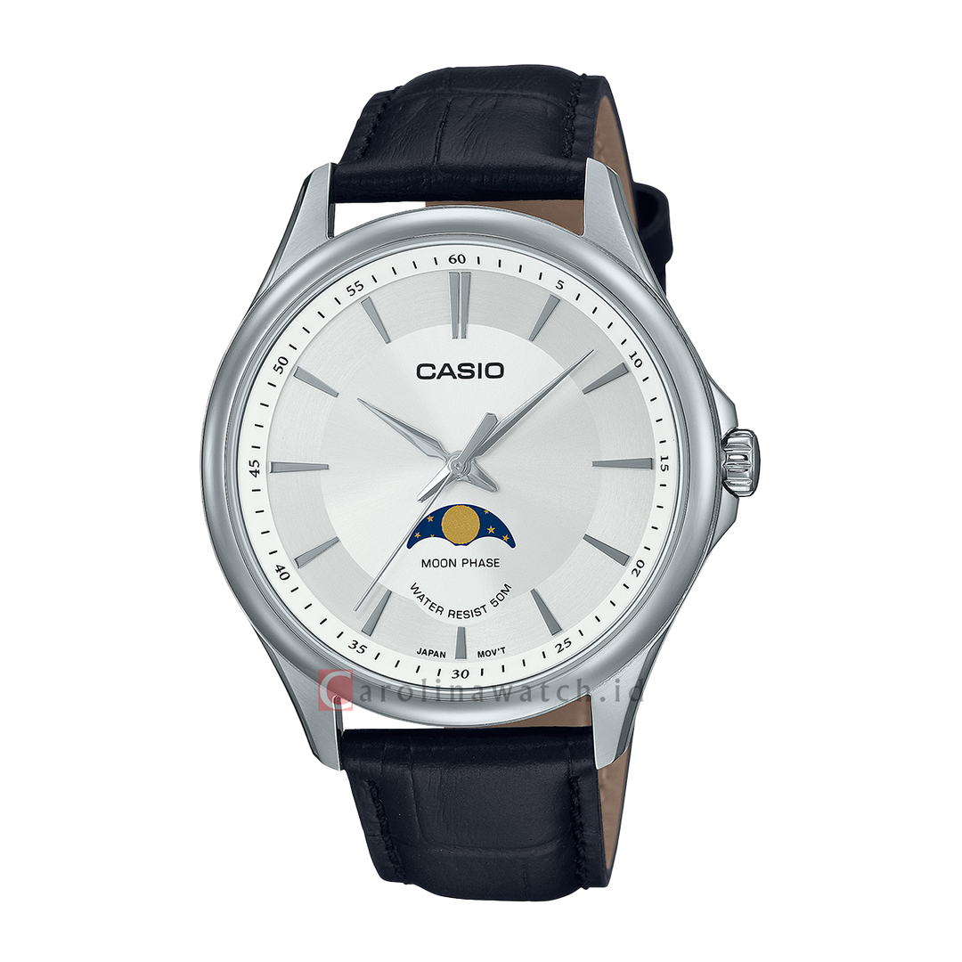 Jam Tangan Casio General MTP-M100L-7A Men Moon Phase Silver Dial Black Leather Band