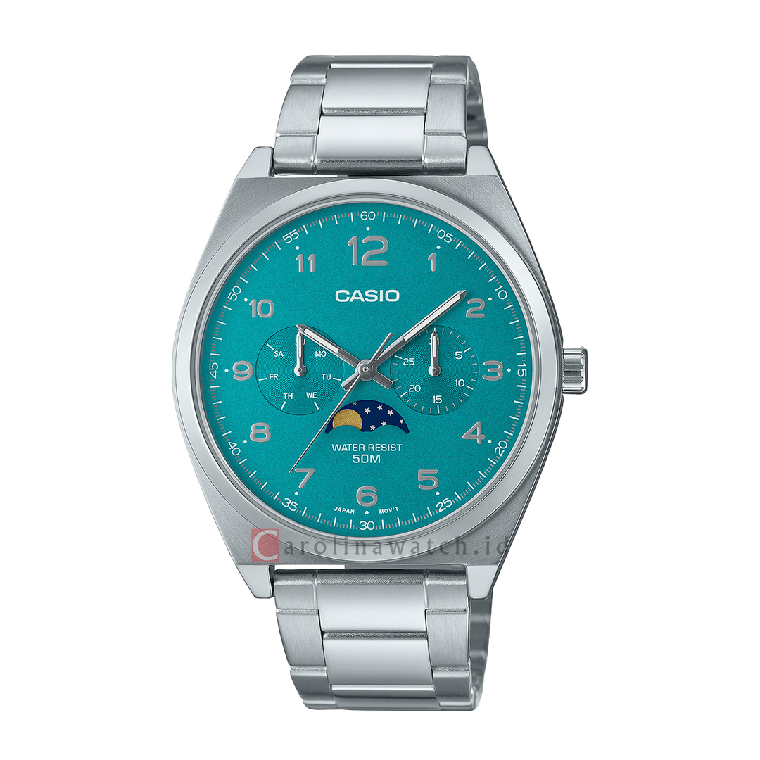 Jam Tangan Casio General MTP-M300D-3A Men Moon Phase Tosca Green Dial Stainless Steel Band