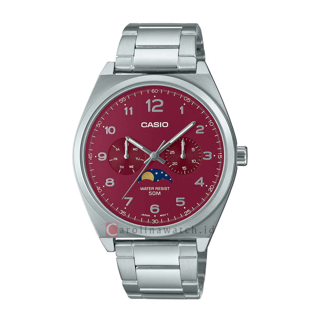 Jam Tangan Casio General MTP-M300D-4A Men Moon Phase Rumba Red Dial Stainless Steel Band