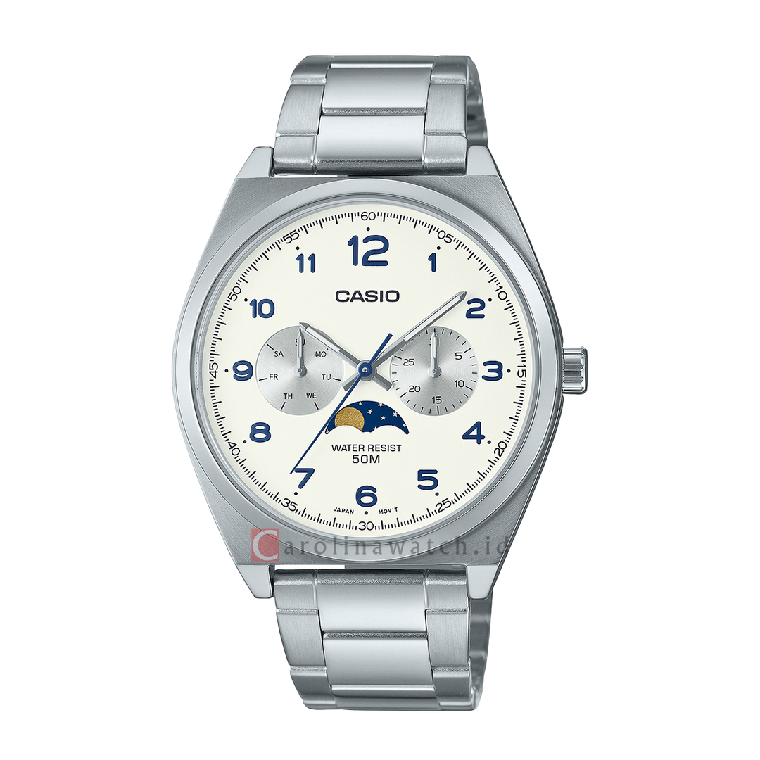 Jam Tangan Casio General MTP-M300D-7A Men Moon Phase White Dial Stainless Steel Band