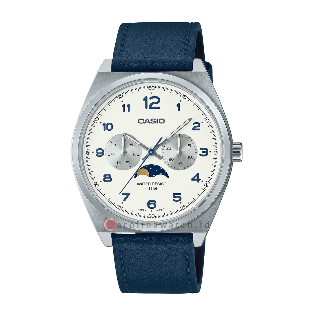 Jam Tangan Casio General MTP-M300L-7A Men Moon Phase White Dial Blue Leather Band