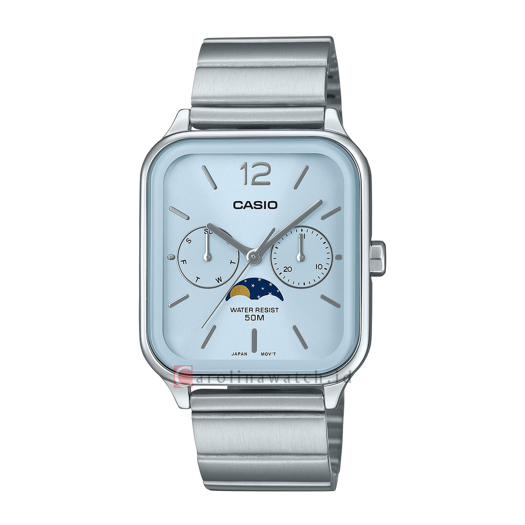 Jam Tangan Casio General MTP-M305D-2A Men Moon Phase Light Blue Dial Stainless Steel Band