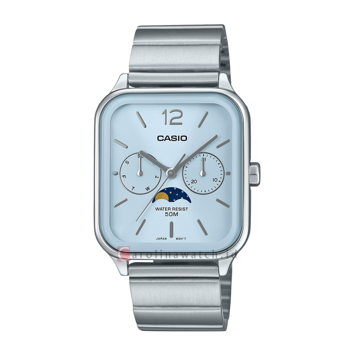 Jam Tangan Casio General MTP-M305D-2A Men Moon Phase Light Blue Dial Stainless Steel Band