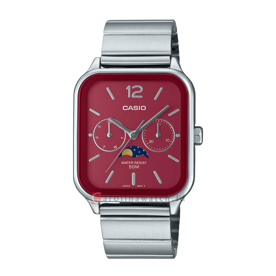 Jam Tangan Casio General MTP-M305D-4A Men Moon Phase Rumba Red Dial Stainless Steel Band