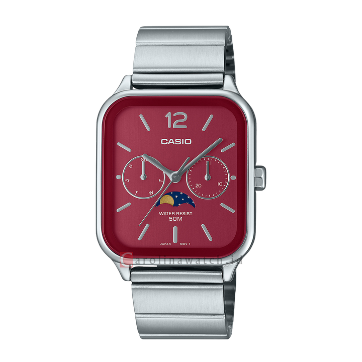 Jam Tangan Casio General MTP-M305D-4A Men Moon Phase Rumba Red Dial Stainless Steel Band