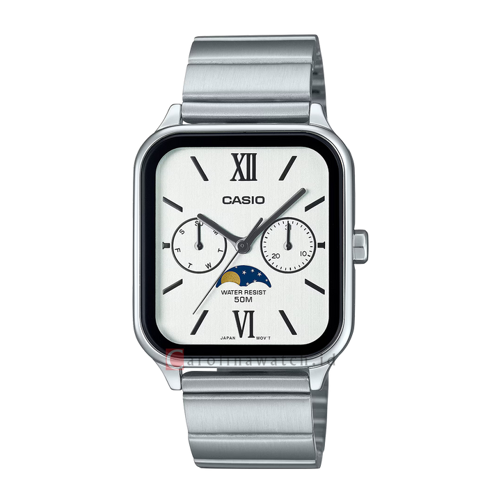 Jam Tangan Casio General MTP-M305D-7A2 Men Moon Phase White Dial Stainless Steel Band