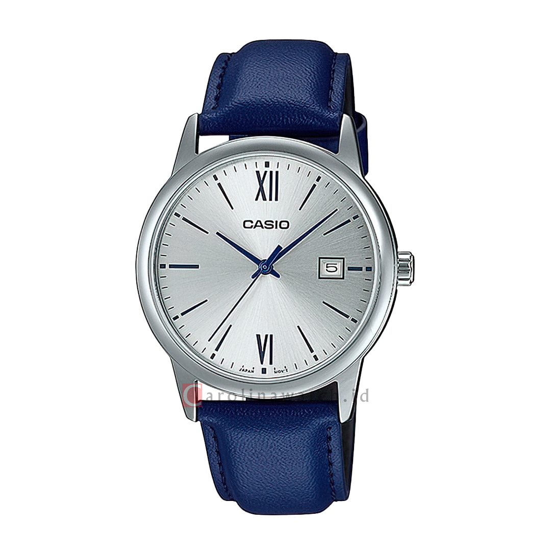 Jam Tangan Casio MTP-V002L-2B3 Men Silver Dial Blue Leather Band