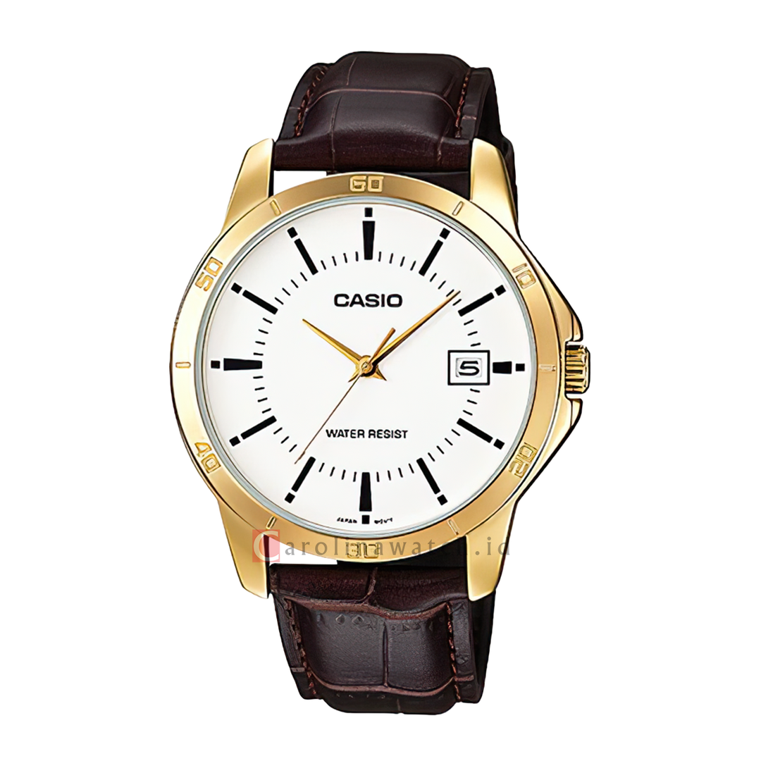 Jam Tangan Casio General MTP-V004GL-7A Men White Dial Brown Leather Strap