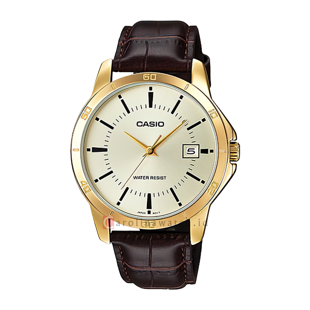 Jam Tangan Casio General MTP-V004GL-9A Men Gold Dial Brown Leather Strap