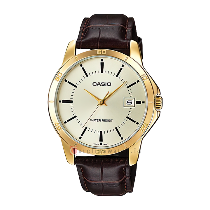 Jam Tangan Casio General MTP-V004GL-9A Men Gold Dial Brown Leather Strap