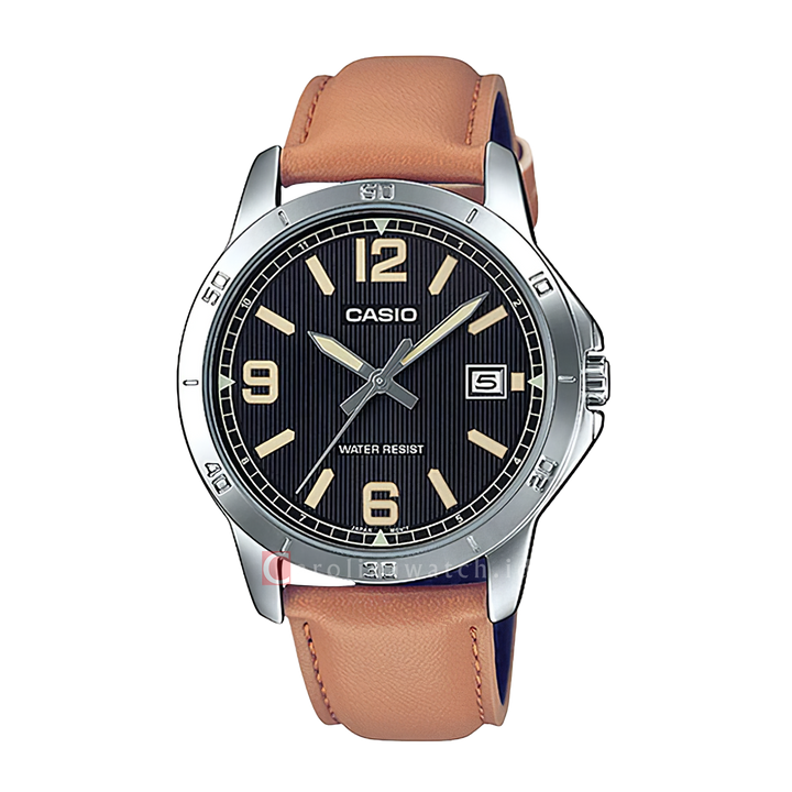 Jam Tangan Casio MTP-V004L-1B2 Men Black Analog Brown Leather Band