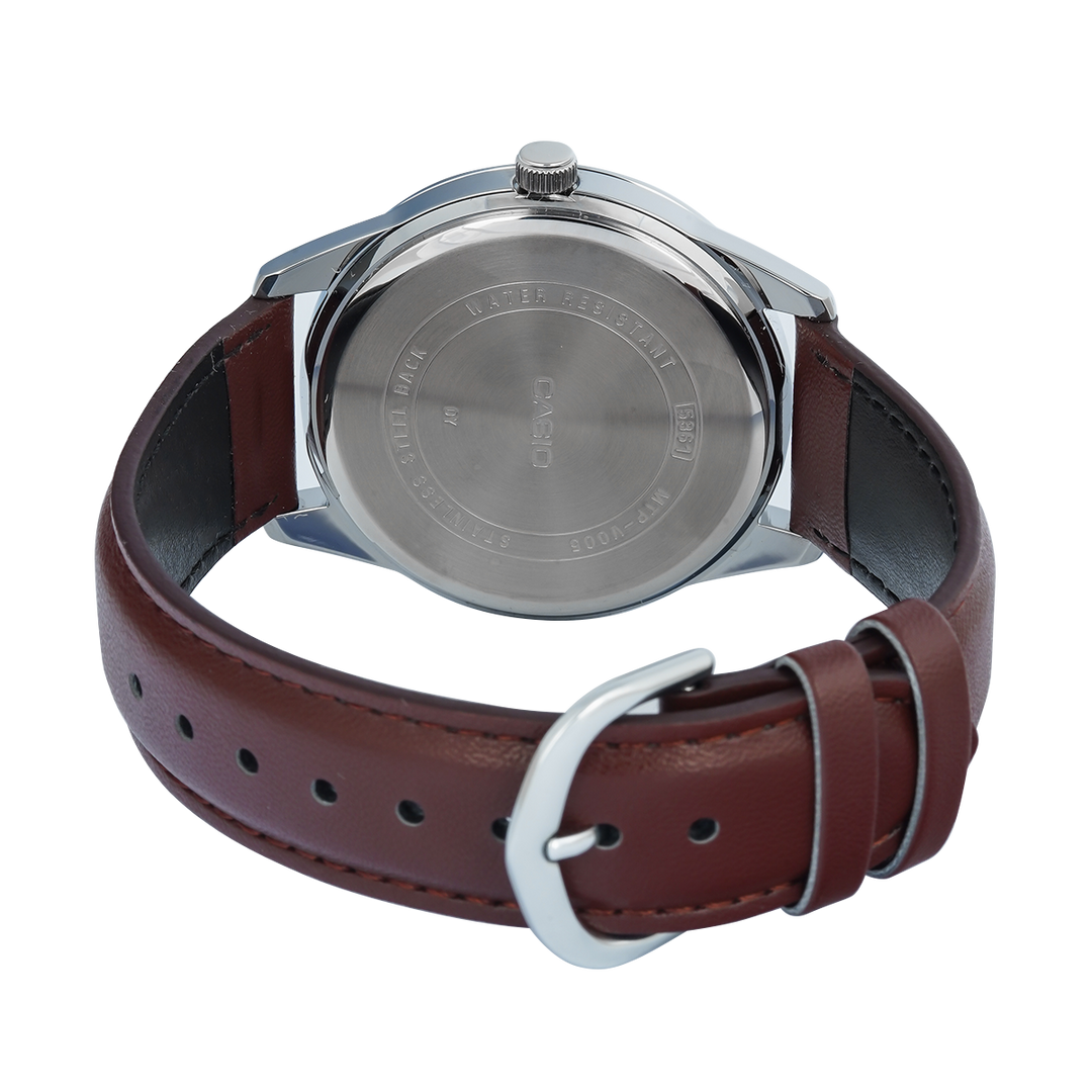 Jam Tangan Casio MTP-V005L-7B5 Men Silver Dial Brown Leather Band