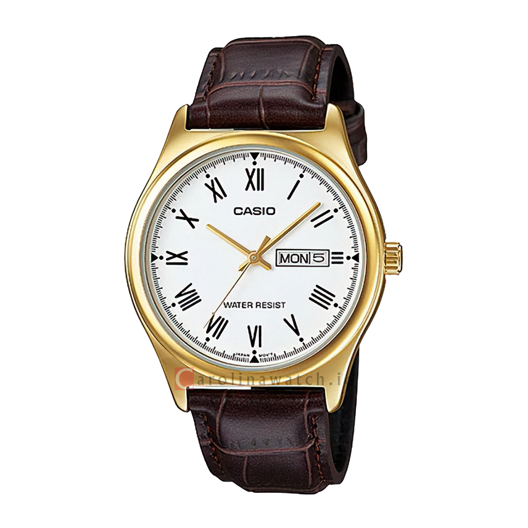 Jam Tangan Casio General MTP-V006GL-7B Men White Dial Ion Plated Brown Leather Band