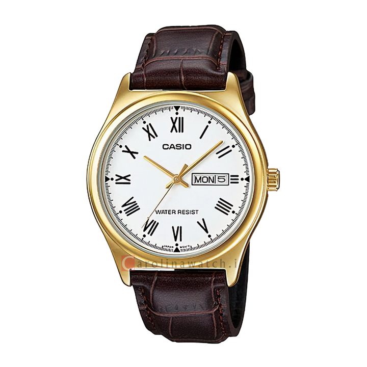 Jam Tangan Casio General MTP-V006GL-7B Men White Dial Ion Plated Brown Leather Band