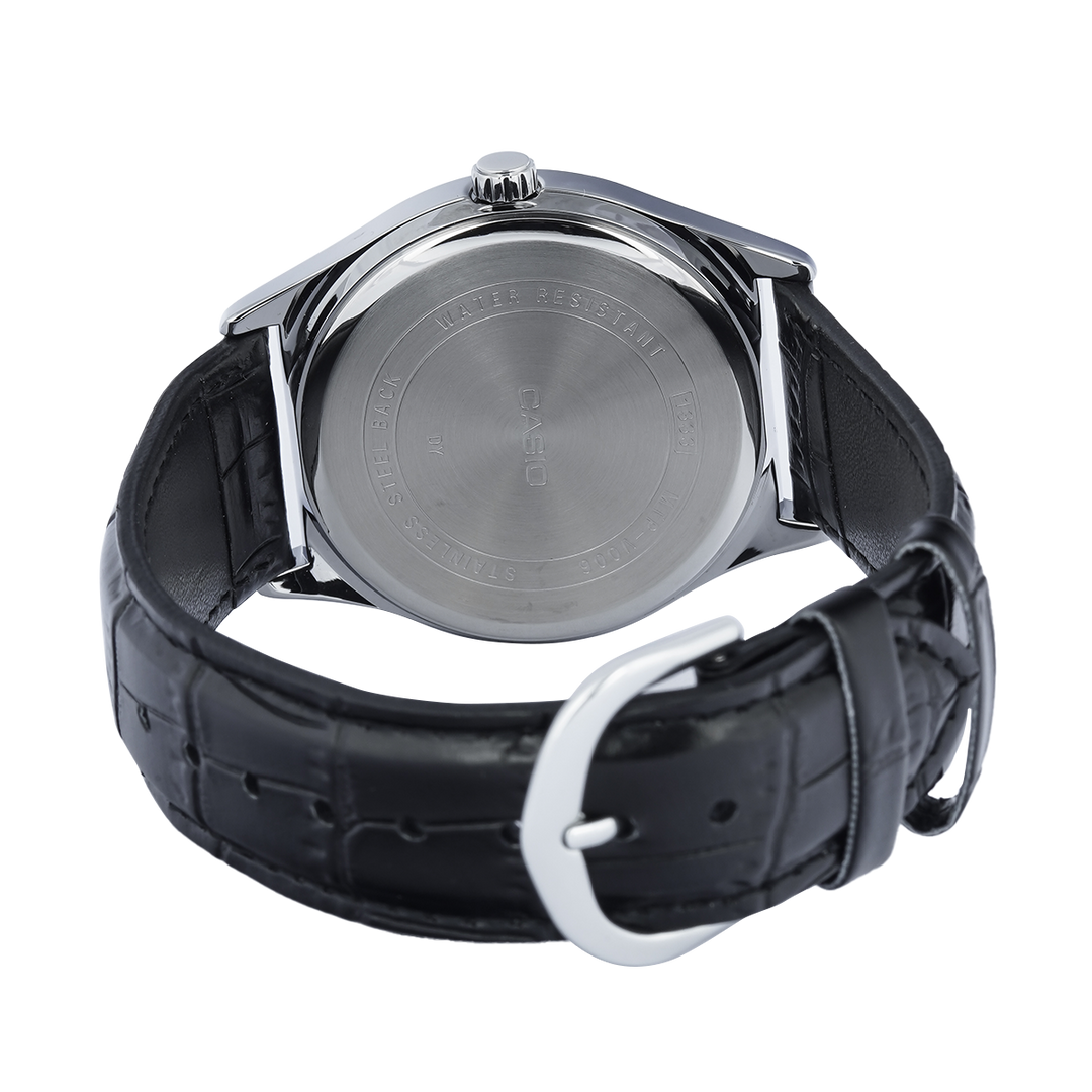 Jam Tangan Casio MTP-V006L-1B Men Black Dial Black Leather Band
