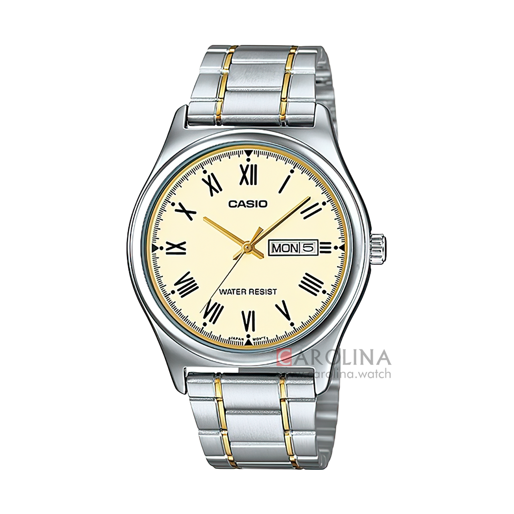 Jam Tangan Casio General MTP-V006SG-9B Men Gold Dial Dual Tone Stainless Steel Band