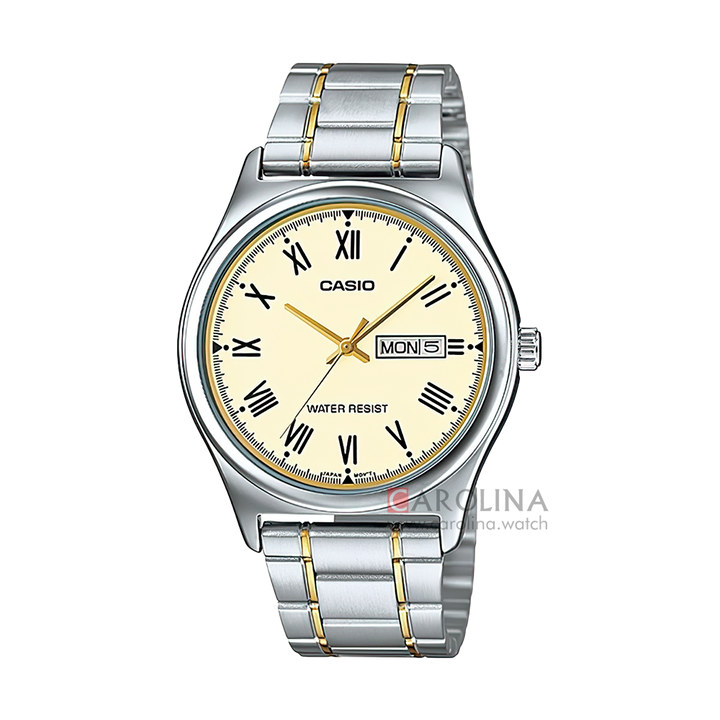 Jam Tangan Casio General MTP-V006SG-9B Men Gold Dial Dual Tone Stainless Steel Band