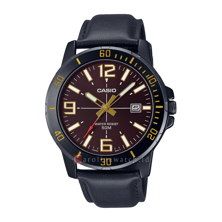 Jam Tangan Casio MTP-VD01BL-5B Men Dark Brown Dial Black Leather Band