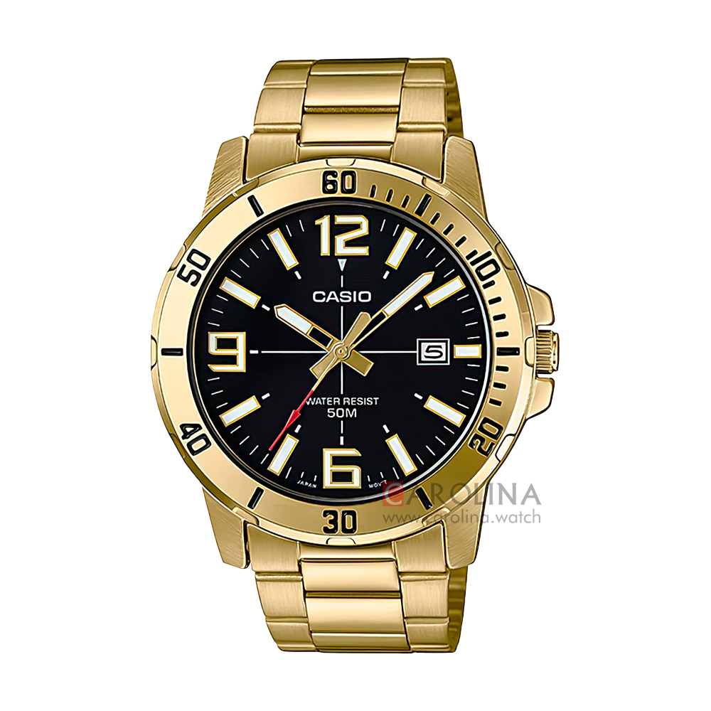 Jam Tangan Casio General MTP-VD01G-1B Men Black Dial Gold Stainless Steel Band