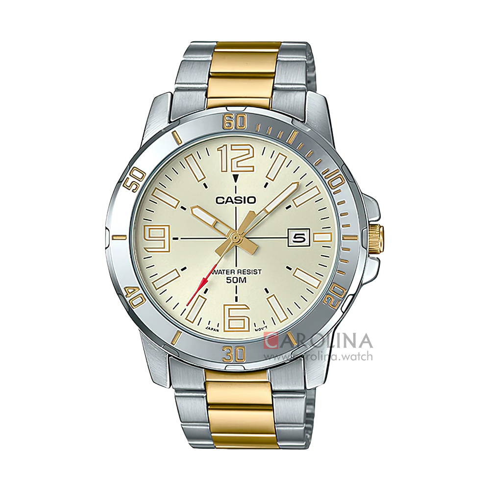 Jam Tangan Casio General MTP-VD01SG-9B Men Light Gold Dial Dual Tone Stainless Steel Band