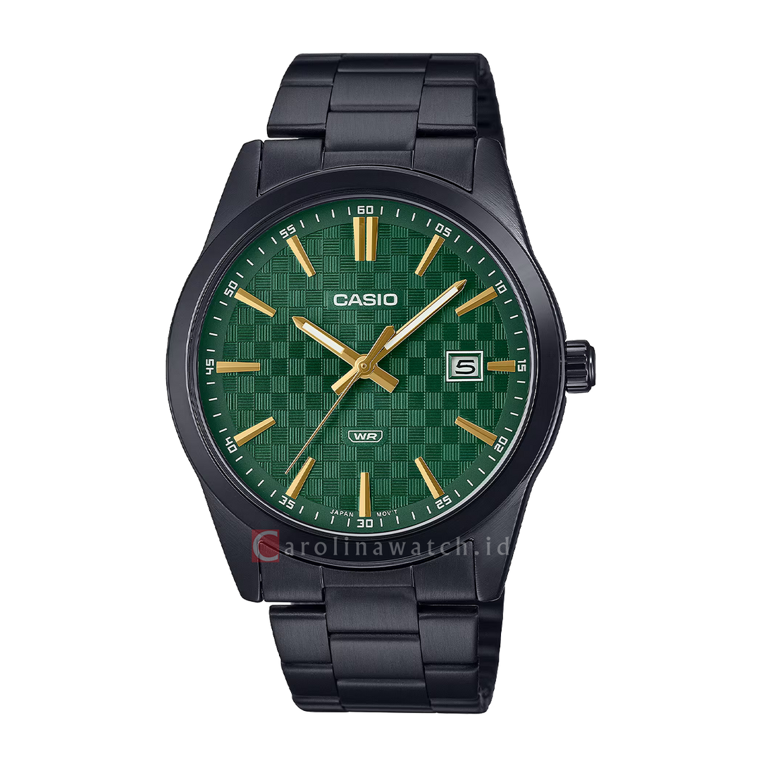 Jam Tangan Casio MTP-VD03B-3A Men Green Dial Black Stainless Steel Band