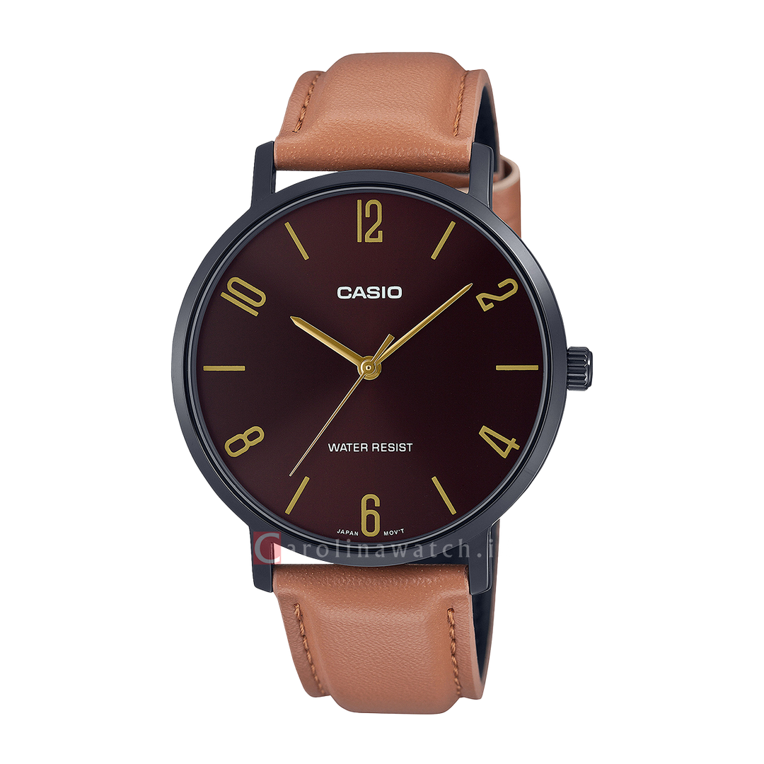 Jam Tangan Casio MTP-VT01BL-5B Men Black Dial Brown Leather Strap