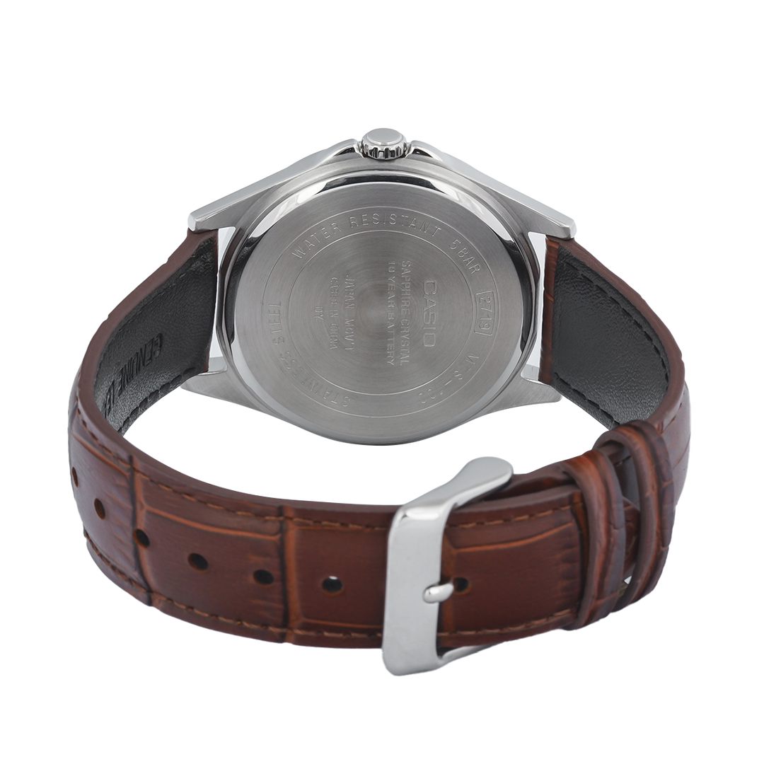 Jam Tangan Casio Standard 10 Year Battery MTS-100L-7A Men Silver Dial Brown Leather Band