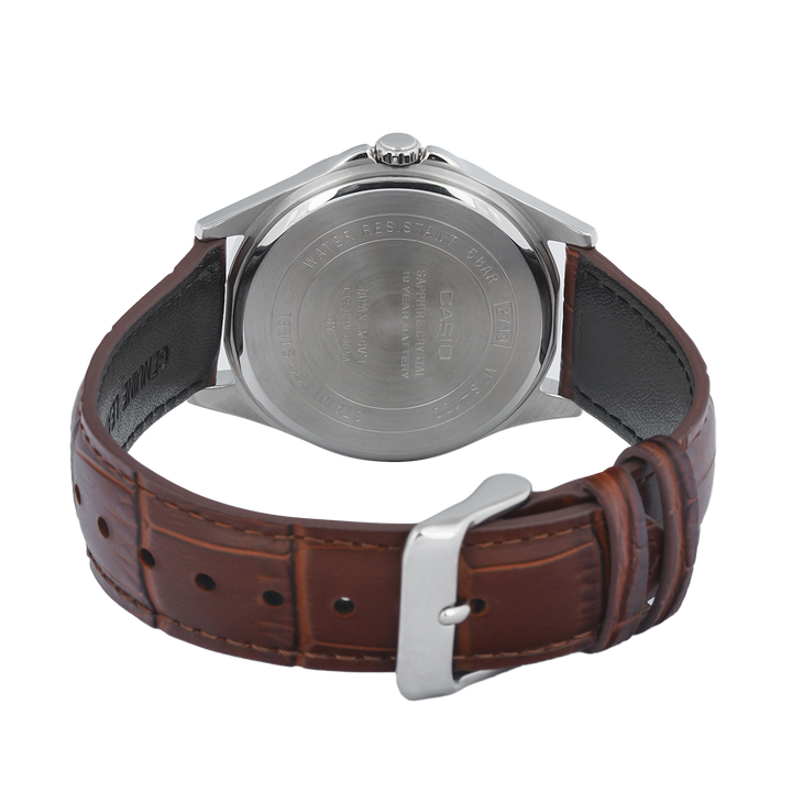 Jam Tangan Casio Standard 10 Year Battery MTS-100L-7A Men Silver Dial Brown Leather Band
