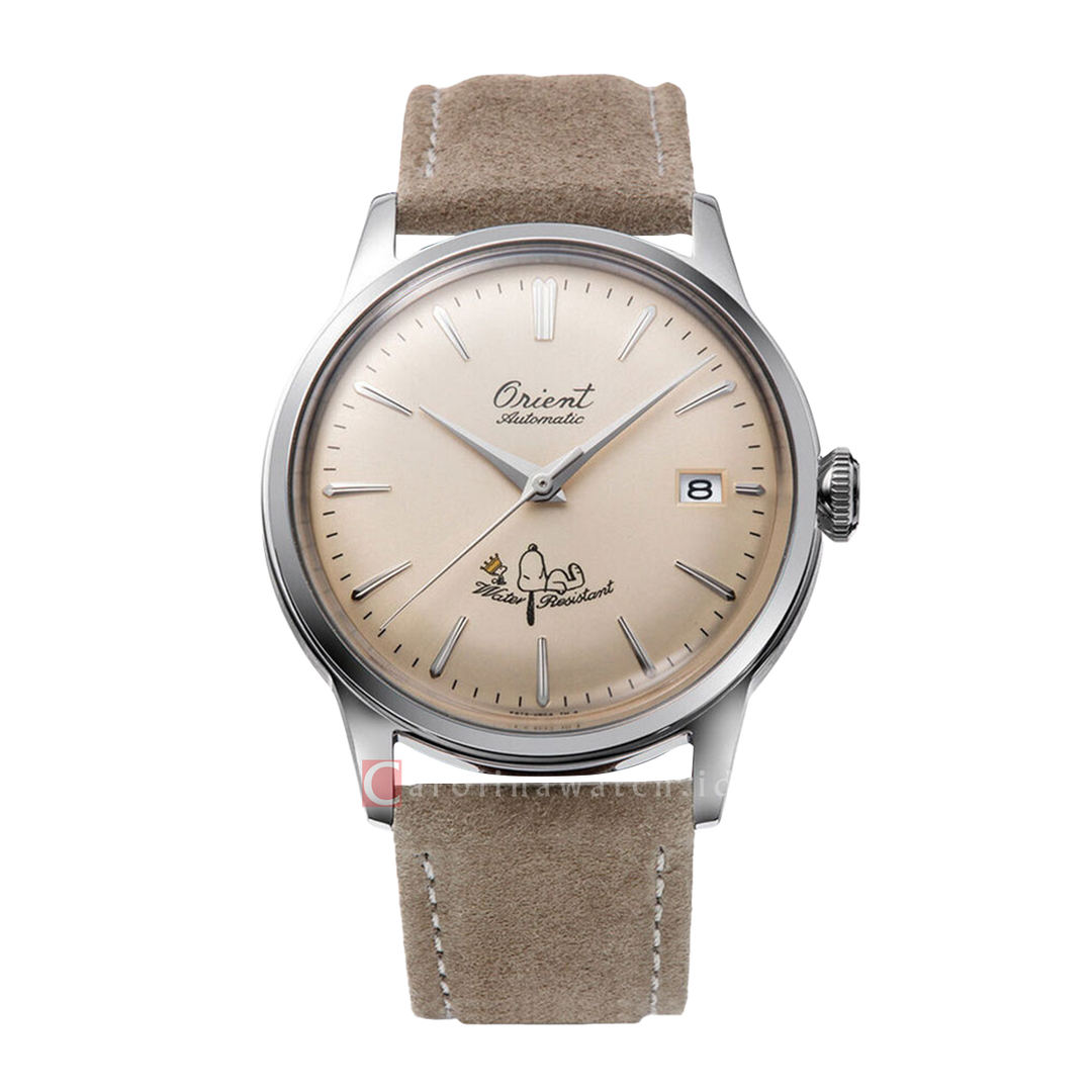 Jam Tangan Orient  x Peanuts 75th Anniversary Bambino RA-AC0M17G Men Cream Yellow Dial Light Brown Leather Strap Limited Edition