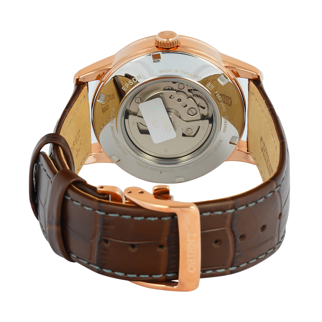 Jam Tangan Orient Classic RA-AK0007S Sophisticated Sun & Moon Textured Ivory Dial Brown Leather Strap