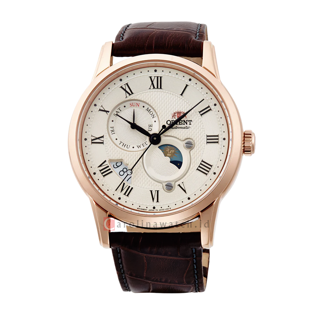Jam Tangan Orient Classic RA-AK0007S Sophisticated Sun & Moon Textured Ivory Dial Brown Leather Strap