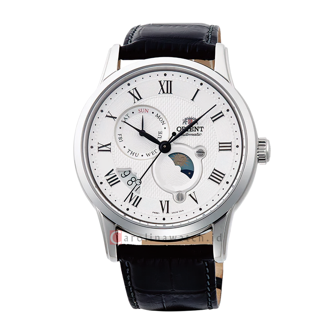 Jam Tangan Orient Classic RA-AK0008S Men Automatic Sun & Moon White Dial Black Leather Strap