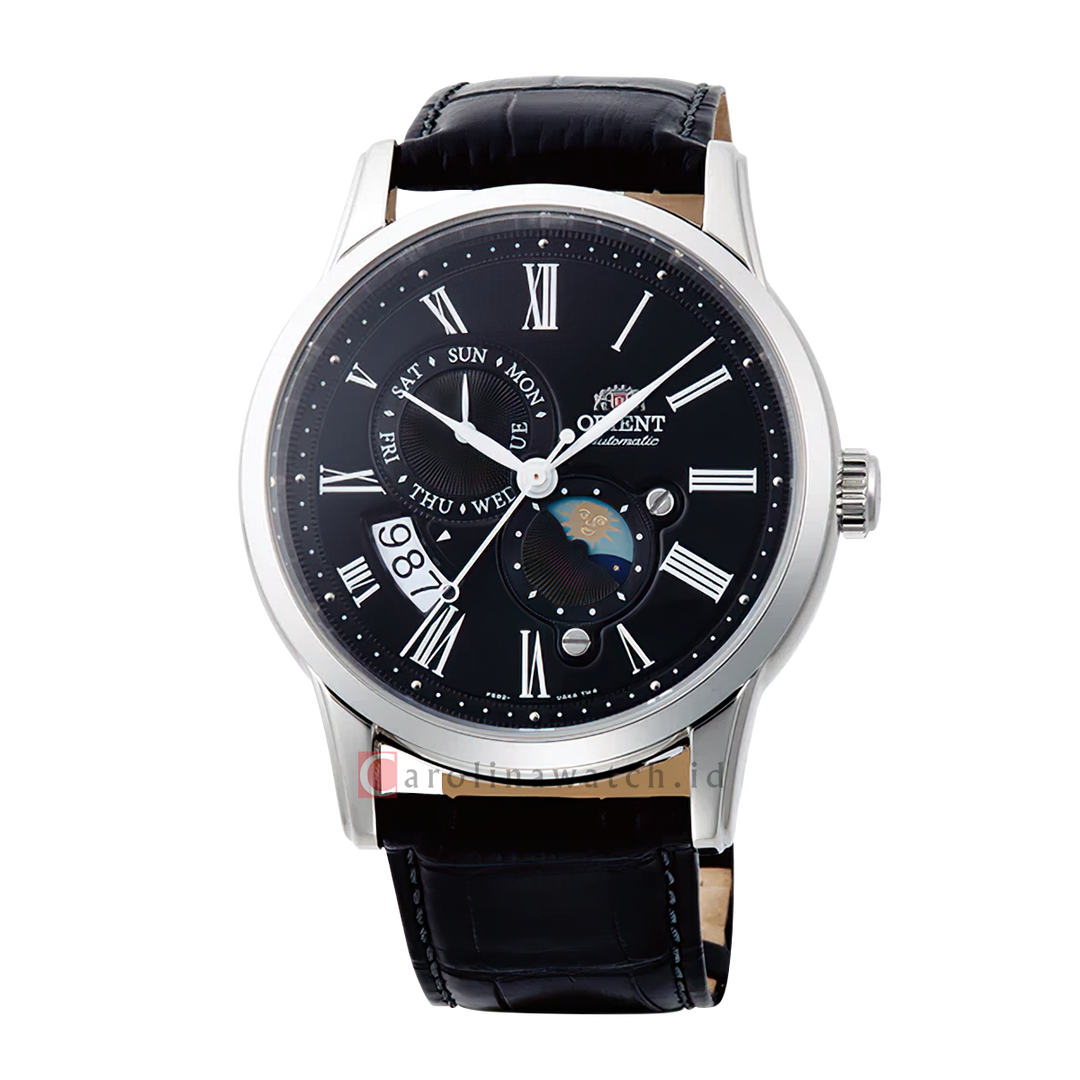 Jam Tangan Orient Classic RA-AK0010B Men Automatic Sun & Moon Black Dial Black Leather Strap