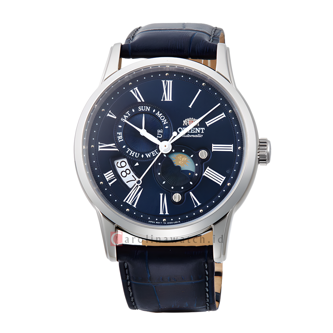 Jam Tangan Orient Sun & Moon Classic RA-AK0011D Men Automatic Blue Dial Blue Leather Strap