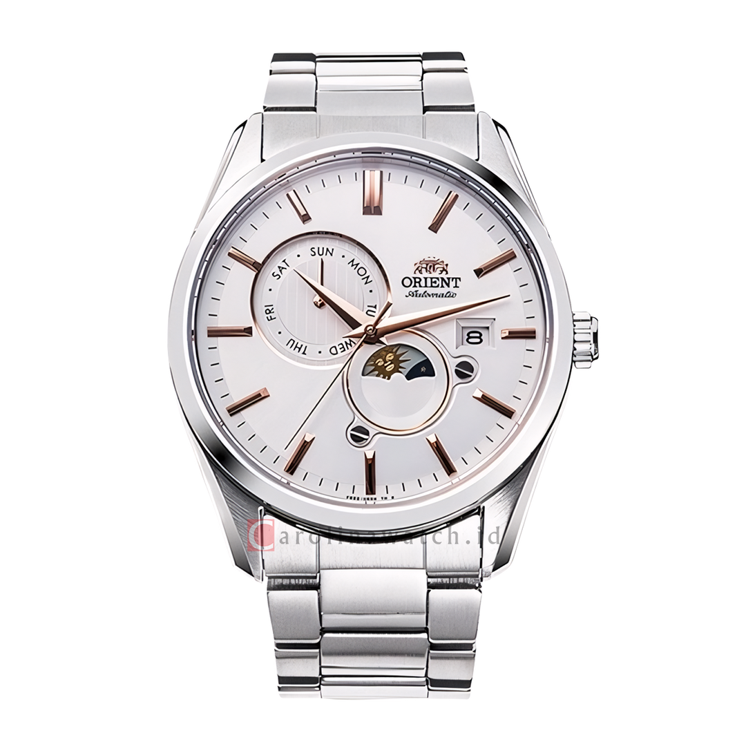 Jam Tangan Orient Automatic Sun & Moon RA-AK0306S Men White Dial Stainless Steel Strap