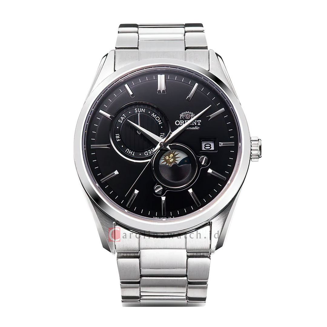 Jam Tangan Orient Classic RA-AK0307B Men Automatic Sun & Moon Black Dial Stainless Steel Strap