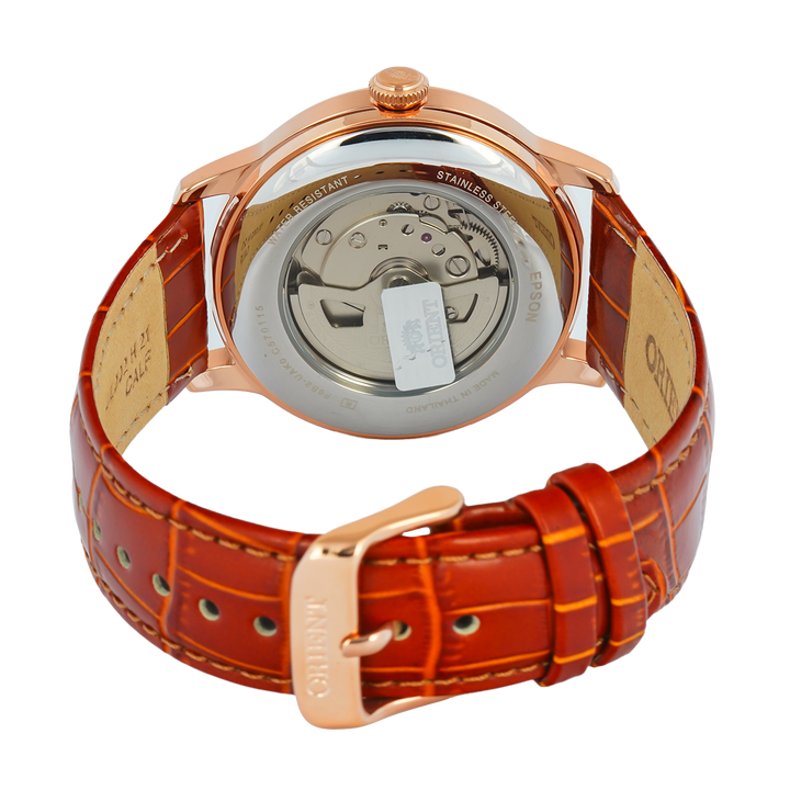 Jam Tangan Orient Classic Bambino RA-AK0801S Automatic Sun & Moon Silver White Dial Brown Leather Strap