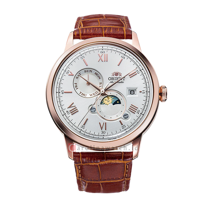 Jam Tangan Orient Classic Bambino RA-AK0801S Automatic Sun & Moon Silver White Dial Brown Leather Strap