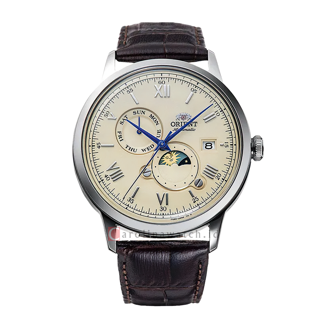 Jam Tangan Orient Classic Bambino RA-AK0803Y Men Sun & Moon Beige Dial Dark Brown Leather Strap