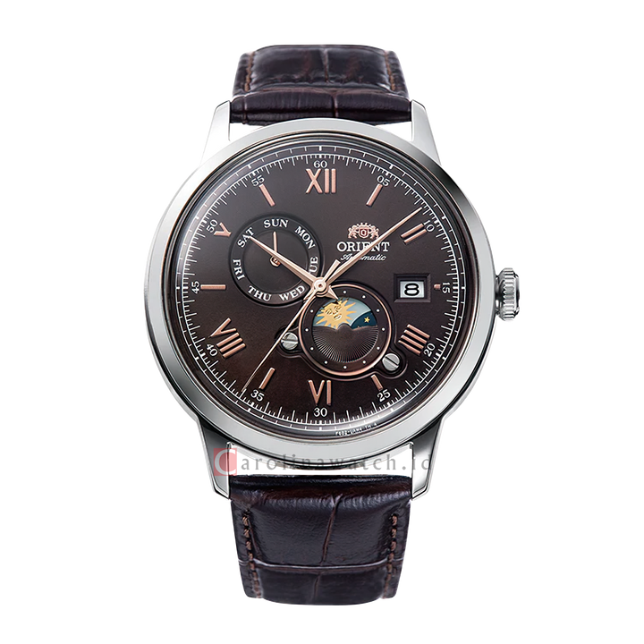 Jam Tangan Orient Classic Bambino RA-AK0804Y Automatic Sun & Moon Dark Brown Dial Dark Brown Leather Strap