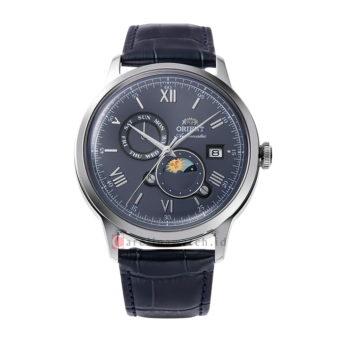 Jam Tangan Orient Classic RA-AK0806L Bambino Men Automatic Sun & Moon Navy Blue Dial Blue Leather Strap