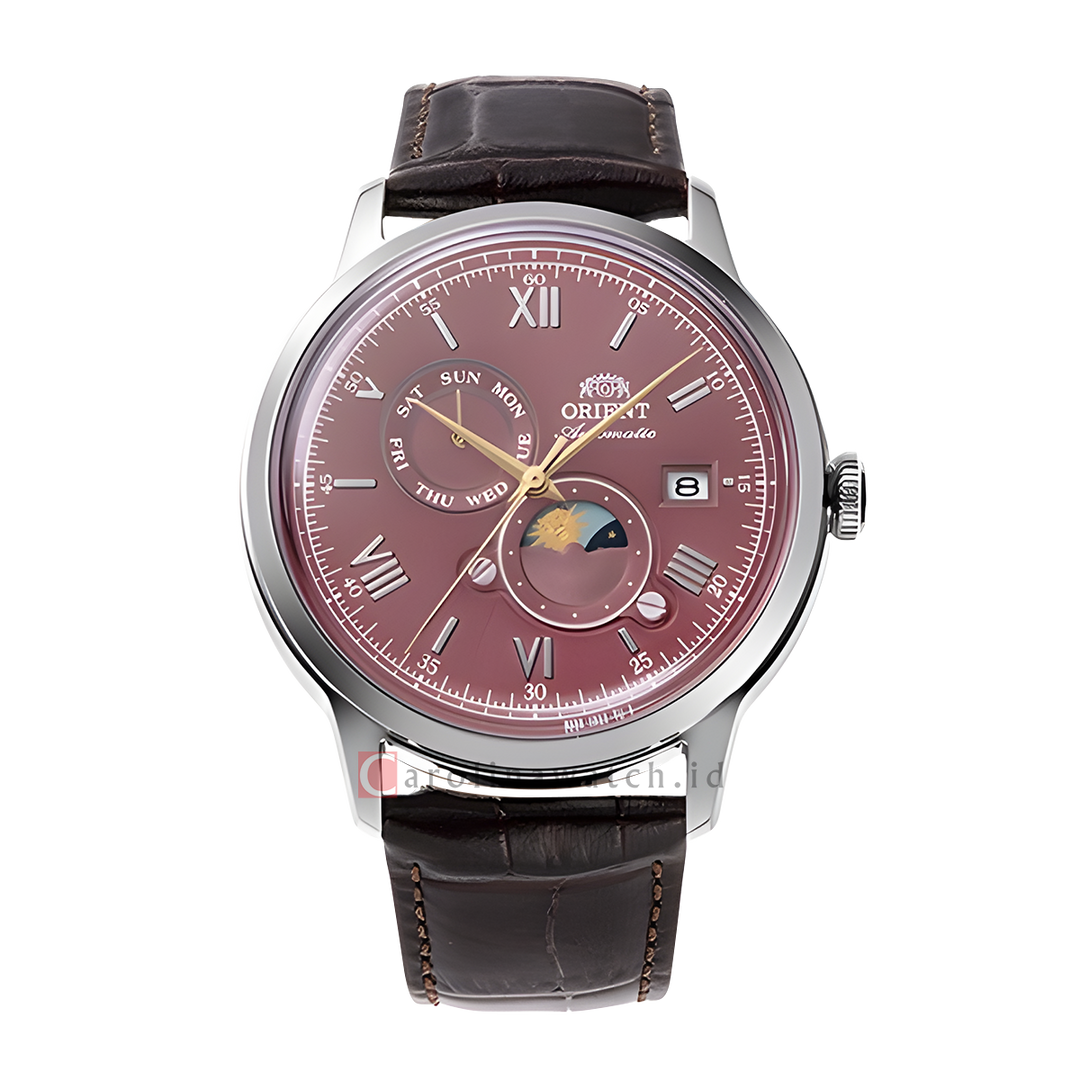 Jam Tangan Orient Bambino RA-AK0807R Men Automatic Sun & Moon Bordeaux Dial Brown Leather Strap
