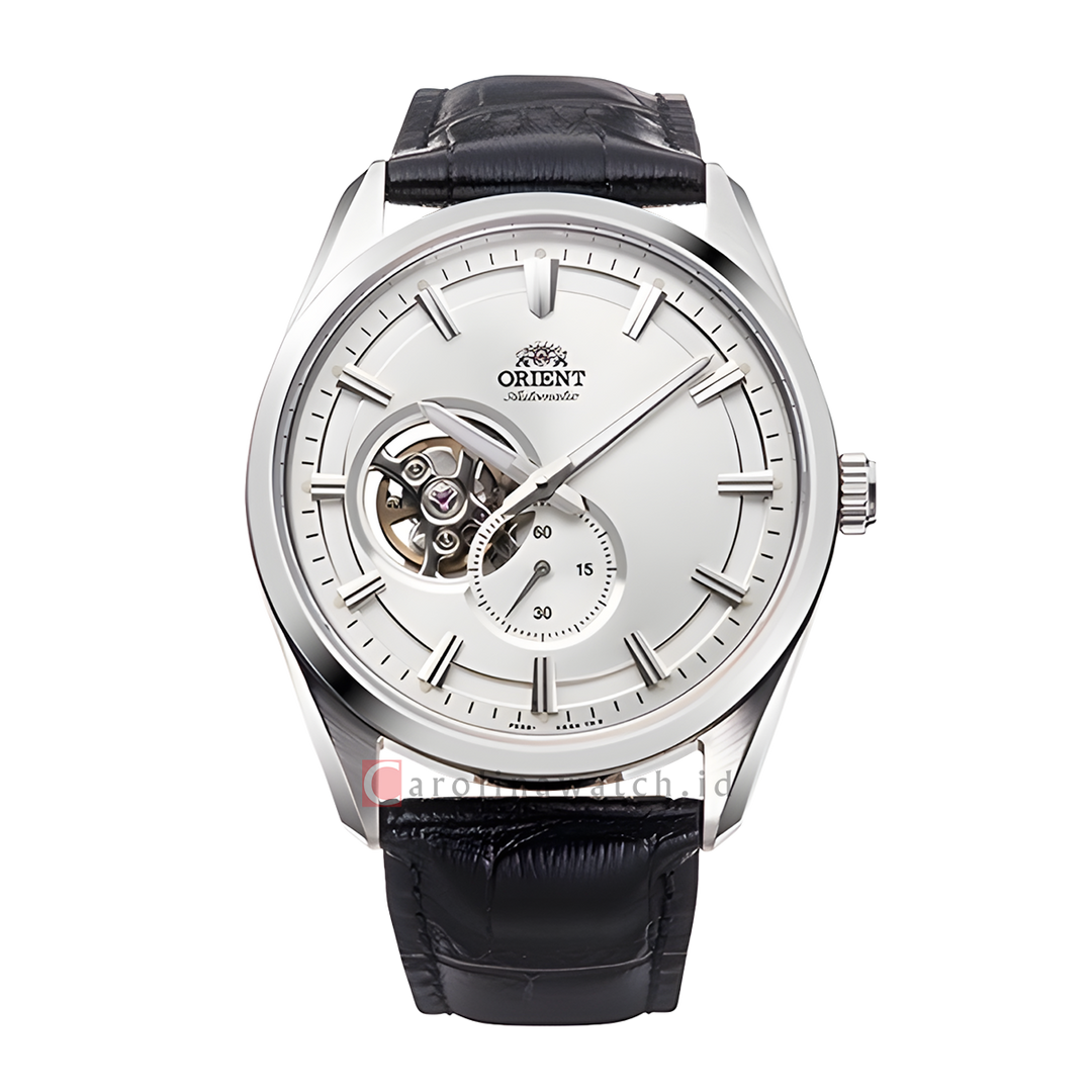 Jam Tangan Orient Contemporary RA-AR0004S Semi Skeleton Series Men Open Heart Silver White Dial Black Leather Strap