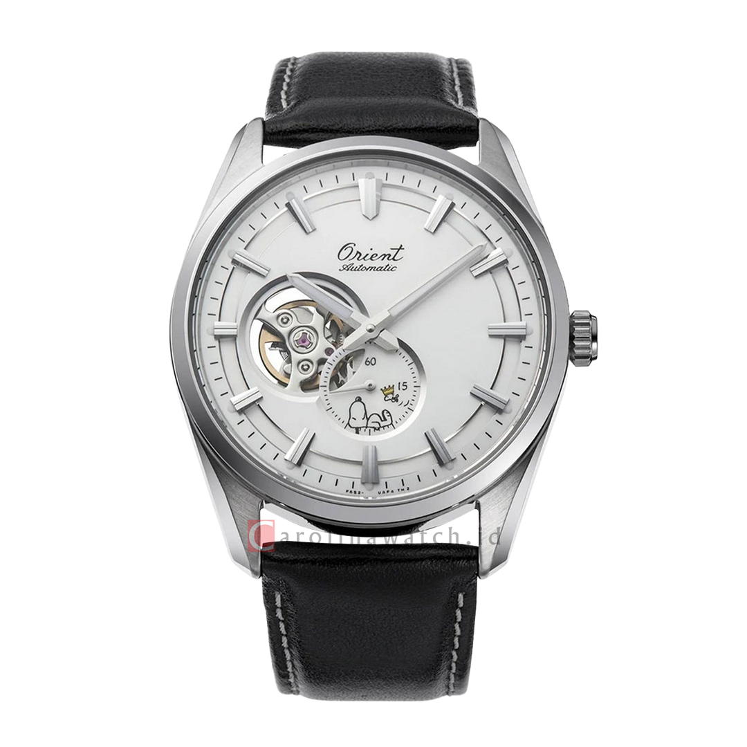 Jam Tangan ORIENT x Peanuts 75th Anniversary Stretto RA-AR0011S Men Silver Dial Black Leather Strap Limited Edition